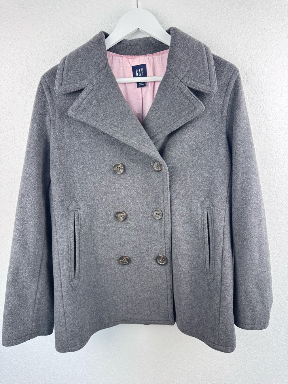 GAP Wool Y2K Gray Double-Breasted Peacoat with Pink Lining Women’s Size Large